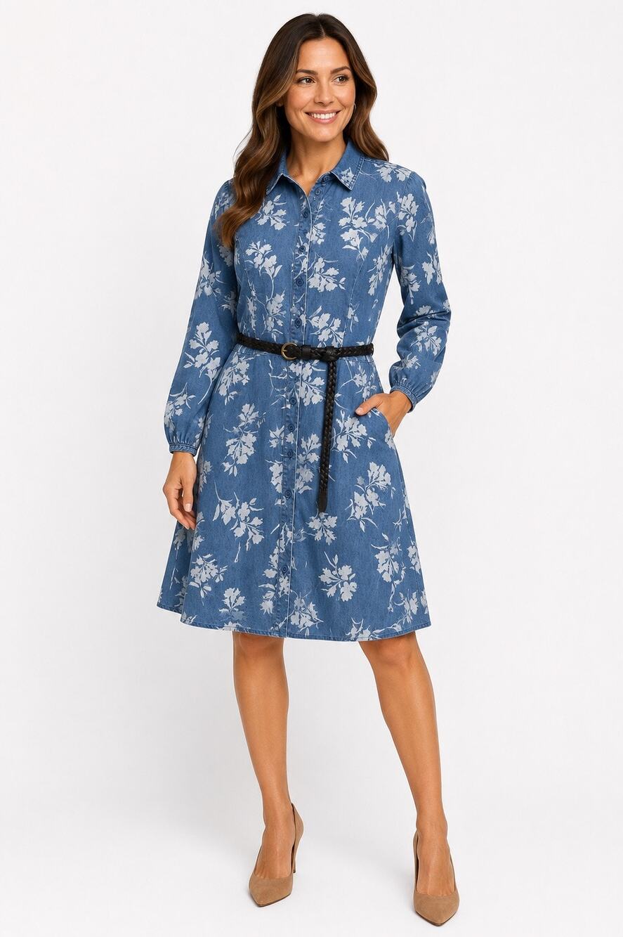 Westport Size 10 Blue Floral Chambray Denim Shirt Dress Belted